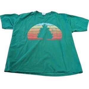 Retro Sunset Graphic T-Shirt Women’s XL Green 100% Cotton Vintage 90s Nature Tee